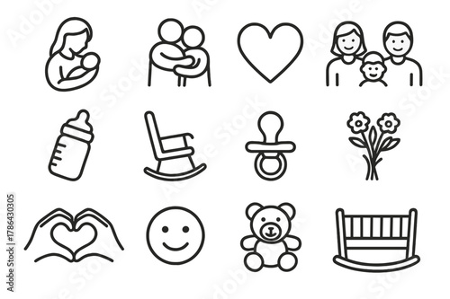 Mom's Love Icons. Mom?s affection. Line icon set of mom?s affection: mother holding baby, hug, heart, family, baby bottle, rocking chair, pacifier, flowers,