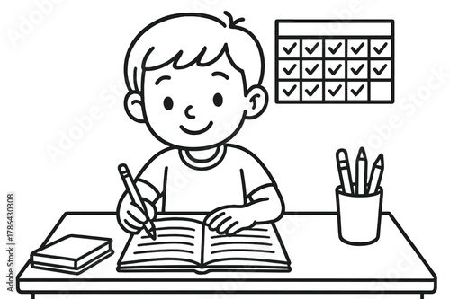 Child's Daily Journal. Daily Journal Habit children?s coloring book illustration, outlined drawing, a smiling child writing in a notebook at a tidy desk with a
