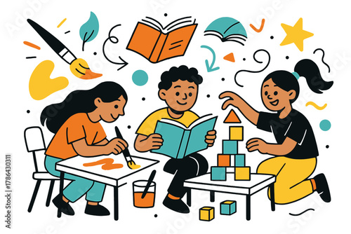 Creative After-School Scene. After-school programs. Children painting, reading, and building crafts in bright