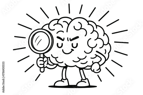 Cheerful Brain Illustration. Focus and clarity children?s coloring book illustration, outlined drawing, a cheerful brain holding a magnifying glass surrounded