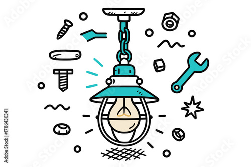 Industrial Light Doodle. // Industrial ceiling light. Hand-drawn doodle illustration Industrial ceiling light [metal cage lamp (accented), bulb (accented),