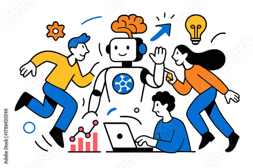 Futuristic AI Dynamics. Artificial intelligence. Intelligent machines, learning systems, futuristic solutions. Modern flat vector scene with expressive,