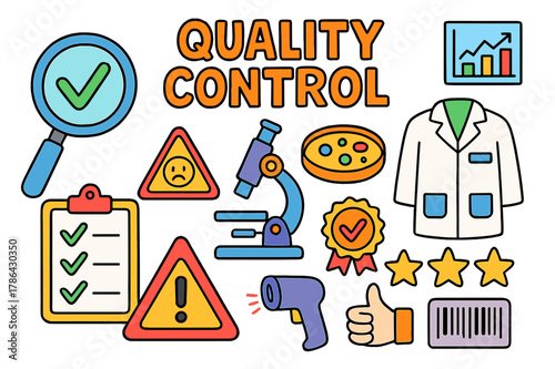 Quality Control Doodles. Quality control. Colorful Hand-drawn doodle Children illustration Quality control magnifying glass, clipboard, checkmarks, defect