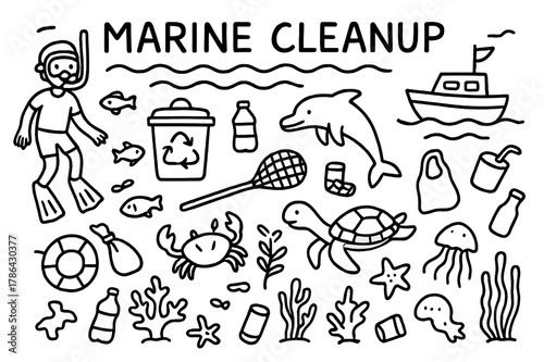Marine Cleanup Doodle. Marine Cleanup. Hand-drawn doodle illustration Marine Cleanup snorkeler, trash bin, boat, net, dolphin, fish, turtle, coral reef, crab,