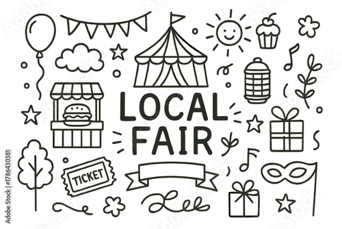 Local Fair Doodle. Local Fair. Hand-drawn doodle illustration of Local Fair. tent, balloon, food stall, ticket