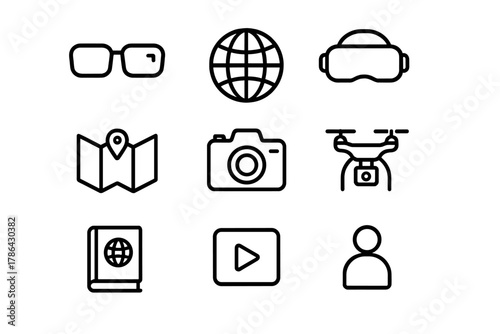 Augmented Travel Icons. Augmented travel experience. Line outline icon set of augmented travel experience: AR