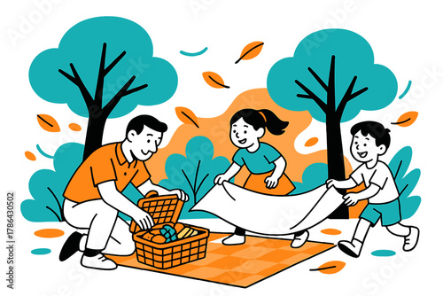 Family Picnic Scene. Family picnic under the trees. A dad opens a picnic basket filled with fruit and