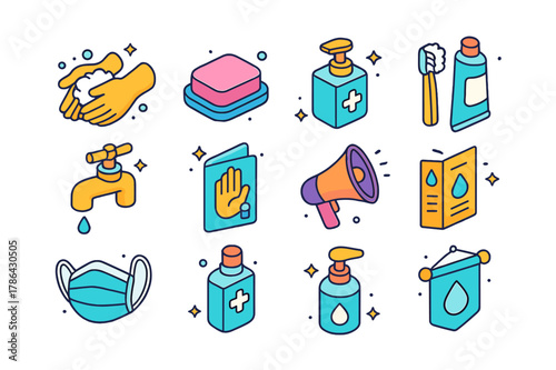 Sanitation Icon Set. Sanitation awareness. Colorful isometric vector icons set of sanitation awareness: handwashing, soap, sanitizer, toothbrush, toothpaste,