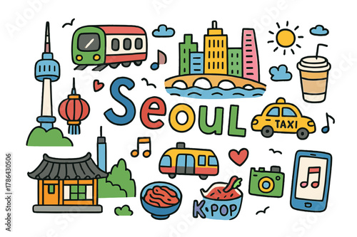 Seoul Doodle Icons. Seoul. Colorful Hand-drawn doodle Children illustration Seoul Namsan Tower, skyline, bridge, subway, hanok house, lantern, taxi, kimchi,