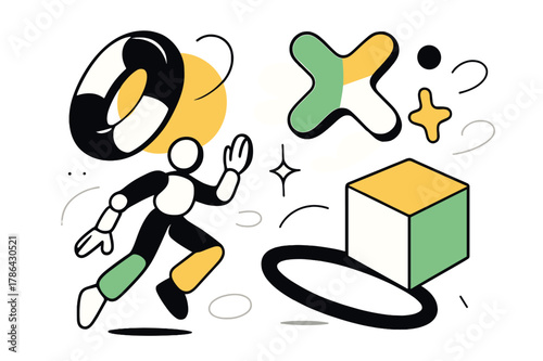 Futuristic 3D Shapes. 3D Design Elements. Futuristic 3D shapes floating in mid-air with floating abstract geometric highlights, vibrant and dynamic scene.