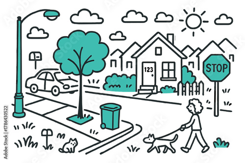 Doodle Street Scene. // Street view. Hand-drawn doodle illustration Street view [sidewalk (accented), road, streetlight (accented), parked car, mailbox, front