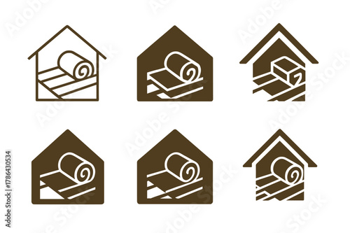 Insulation Logo Variations. Adding insulation to the attic. Set Logo of Adding insulation to the attic: fiberglass roll between joists. harmonious logo