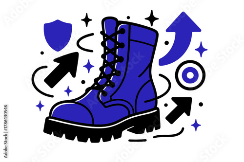 Vibrant Military Boots. Boot. Military boots with abstract floating icons, arrows, and sparkles; conveys toughness, durability, and readiness. Modern flat