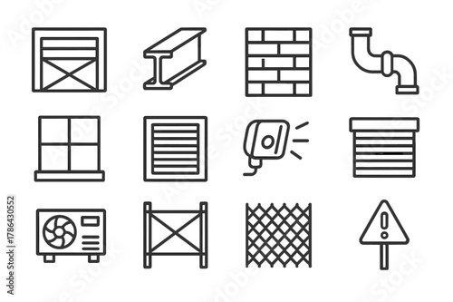 Industrial Icon Set. Industrial Exterior. Line icon set of Industrial Exterior: warehouse door, steel beam, brick wall, pipe detail, metal window frame, vent