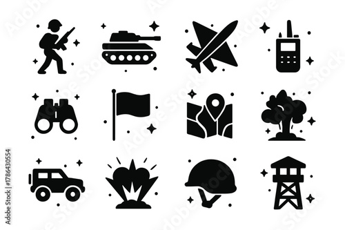 Enemy Forces Icons. Enemy Forces Advancing. Solid icons set of Enemy Forces Advancing: soldier, tank, jet, missile, binoculars, flag, map, radio, armored