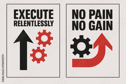 Brutalist Motivation Banners. Execute relentlessly. Two vertical A6 banners with safe margins, centered composition, no elements touching edges, brutalist,