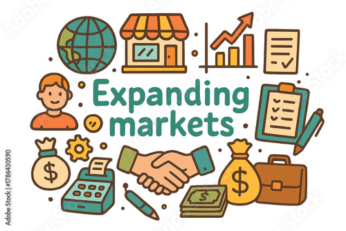 Expanding Markets Doodle. Expanding markets. Hand-drawn doodle illustration of Expanding markets. Globe,