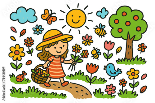 Garden Gathering Scene. garden gathering. Colorful Hand-drawn doodle Children illustration garden gathering girl, basket, flowers, grass, sun, butterfly, tree,
