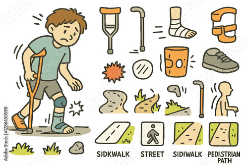 Limping Cartoon Walk. Limping motion. Hand-drawn doodle illustration person walking (colored), uneven stride (colored), crutch (colored), cane (colored),