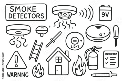 Smoke Detector Doodle. Smoke Detectors. Hand-drawn doodle illustration Smoke Detectors smoke detector, ceiling, alarm sound, battery, test button, smoke,
