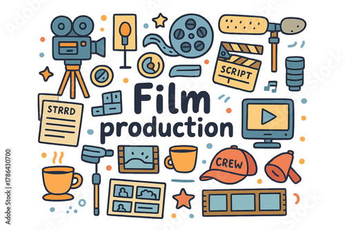 Film Production Doodles. Film production. Hand-drawn doodle illustration of Film production. Movie camera,