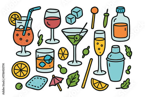 Colorful Drink Icons. crafted drinks. Colorful Hand-drawn doodle Children illustration crafted drinks cocktail glass, wine glass, martini, whiskey glass,