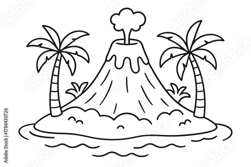 Island Volcano Coloring. Island volcano children?s coloring book illustration, outlined drawing, a peaceful cone-shaped volcano on a tiny island with palm