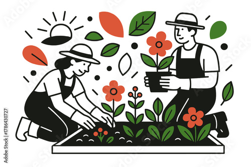 Creative Garden Design. Flower bed design. Professionals arranging colorful plants and flowers, floating