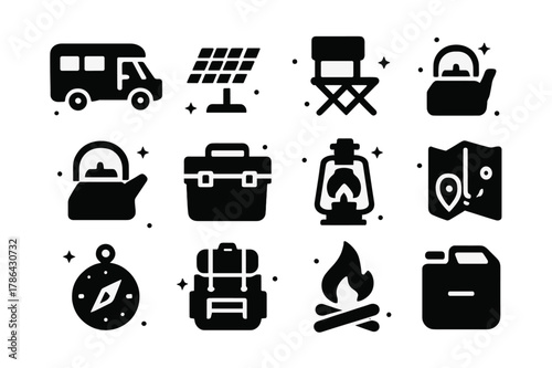Vanlife Camping Icons. Campsite and Vanlife Nomads. Solid icons set of Campsite and Vanlife Nomads: camper van, solar panel, foldable chair, portable stove,