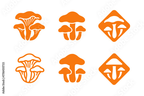 Mushroom Foraging Logos. Mushroom foraging. Set Logo of Mushroom foraging: chanterelle cluster. harmonious logo variations of the same emblematic concept, each