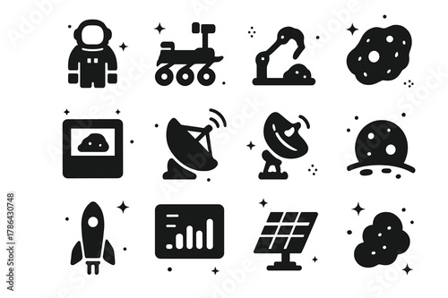 Space Exploration Icons. Space exploration and meteorites. Solid icons set of Space exploration and meteorites: astronaut, rover, sample arm, meteorite rock,