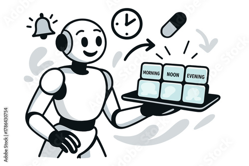 Robot Medication Helper. Medication assistance. A robot presenting a tray with labeled pill boxes glowing