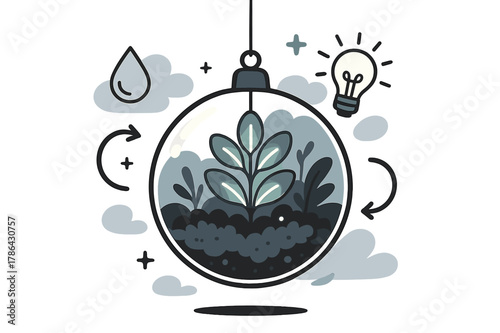 Floating Terrarium Art. Hanging terrarium. Glass globe with glowing plants and moss suspended mid-air,