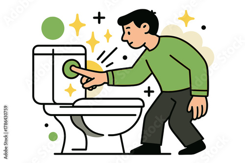 Modern Toilet Flush. Toilet Flush Button. Person pressing modern toilet flush button with floating abstract geometric shapes and light accents, hygienic and