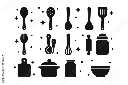 Wooden Spoon Icons. Wooden Spoon. Solid icons set of Wooden Spoon: cooking spoon, slotted spoon, ladle, spatula, fork, whisk, measuring spoon, rolling pin,