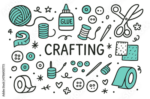 Crafting Tools Doodle. Crafting. Hand-drawn doodle illustration crafting tools, colored yarn, accented glue, colored scissors, accented tape, yarn needle,