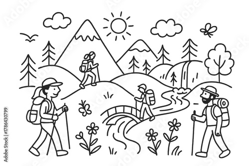 Mountain Hiking Doodles. Hand-drawn doodle illustration. people hiking in mountains. Hand-drawn doodle illustration people hiking in mountains, trees, clouds,