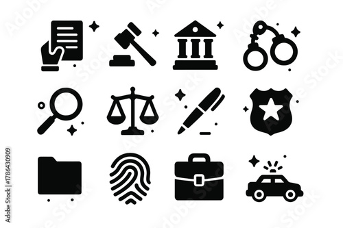 Legal Icons Grid. Legal Action. Solid icons set of Legal Action: hand holding document, gavel, courthouse, handcuffs, magnifying glass, legal scale, pen,