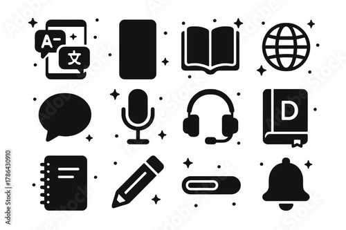 Language App Icons. Language Practice App. Solid icons set of Language Practice App: app interface, smartphone, book, globe, chat bubble, microphone, headset,