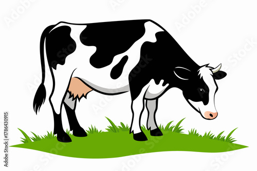 Cute domestic dairy cattle illustration on a green meadow grass