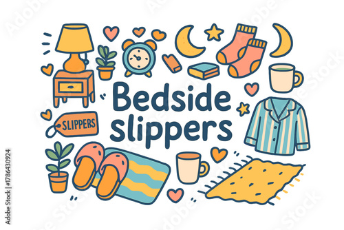 Cozy Bedside Essentials. Bedside slippers. Hand-drawn doodle illustration of Bedside slippers. Pair of