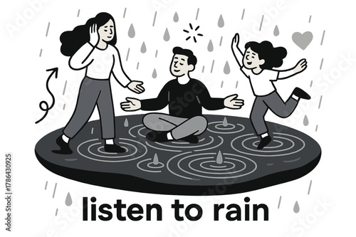 Pebble Rain Harmony. Pebble ? Rain Pattern. Ripples overlap across a flat stone surface; droplets fall in calm rhythm. Caption ?listen to rain?. Modern flat