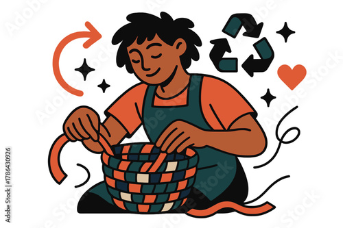 Eco-Friendly Basket Weaving. Upcycling and creative reuse of materials. Individual weaving baskets from recycled fabric strips with abstract floating arrows,