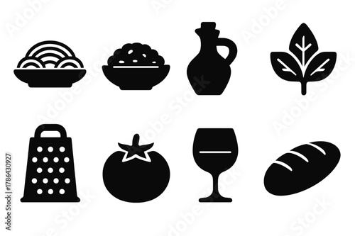 Italian Cuisine Icons. Italian cuisine. Filled icon set of Italian cuisine: pasta plate, risotto bowl, olive