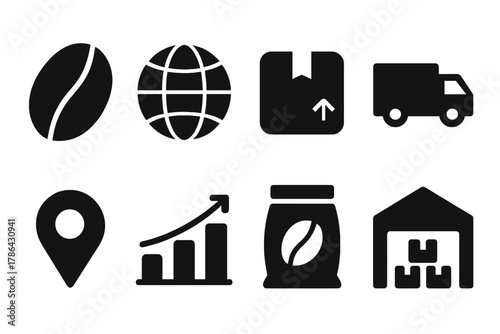 Global Coffee Icons. Global coffee trade. Filled icon set of global coffee trade: coffee bean, globe, shipping