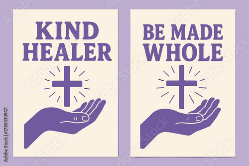 Kind Healer Banners. Healing Touch. Two vertical A6 banners with safe margins, centered composition, no elements touching edges, bold, lavender and cream, hand