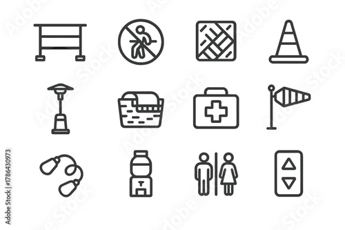 Rooftop Safety Icons. Rooftop Safety and Comfort. Line icon set of Rooftop Safety and Comfort: guardrail, no leaning sign, non slip floor, caution cone, patio