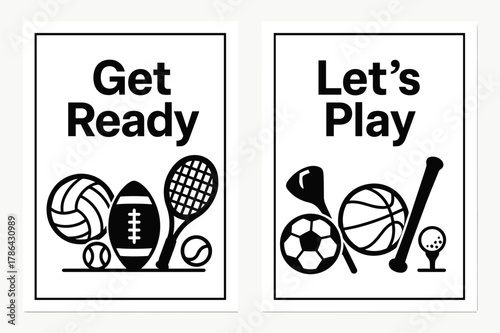 Black & White Sports Banners. EXCITING. Two vertical A6 banners with safe margins, centered composition, no elements touching edges, flat vector design, black