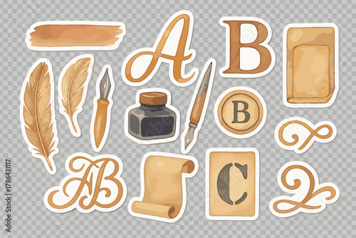 Watercolor Lettering Stickers. Hand Lettering Set. Realistic hand-painted watercolor style sticker sheet of