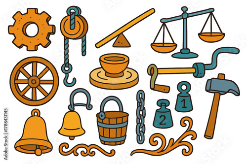 Early Machines Doodle. Early machines. Colorful Hand-drawn doodle Children illustration Early machines bronze gear, pulley, lever, balance scale, wheel,